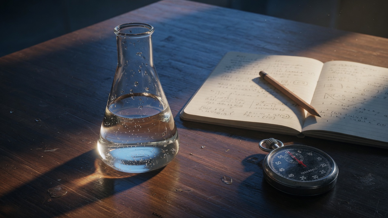 Science notebook and flask on a lab table