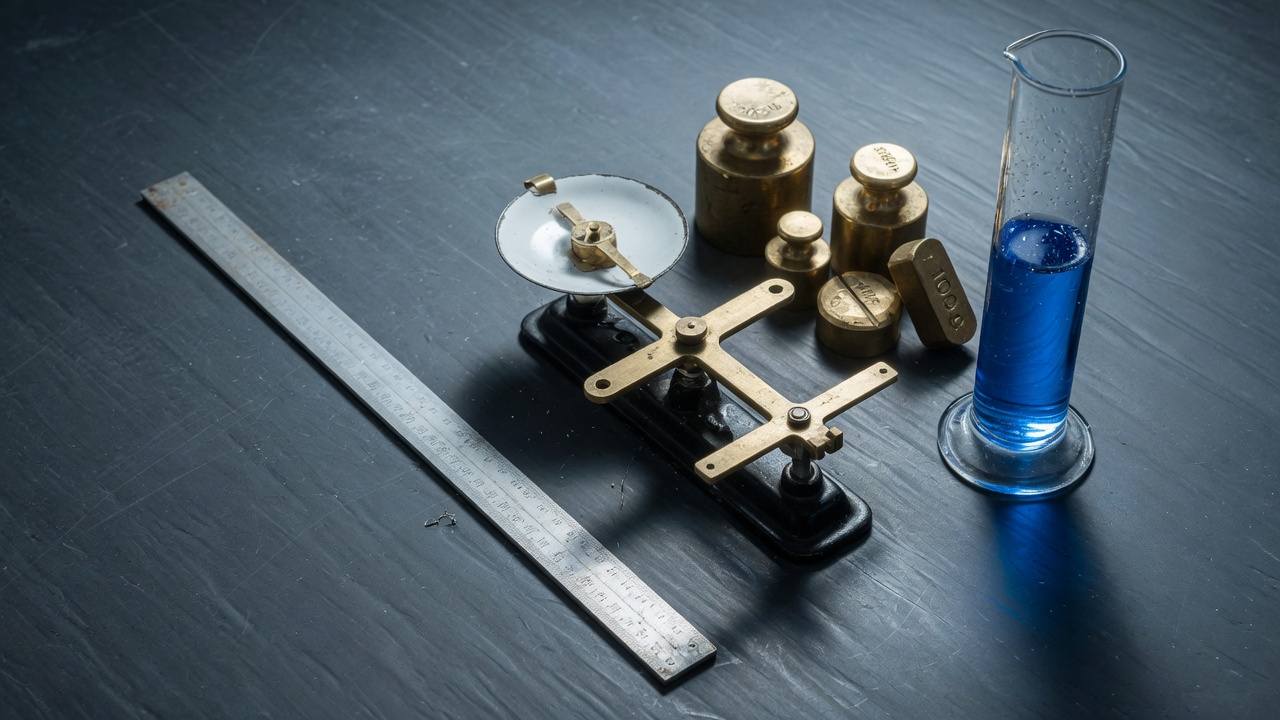 Meter stick, balance, and graduated cylinder