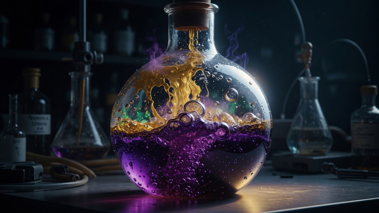 A bubbling color-change in a glass flask