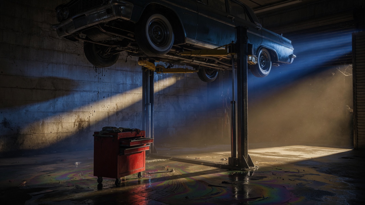 A car raised on a hydraulic lift