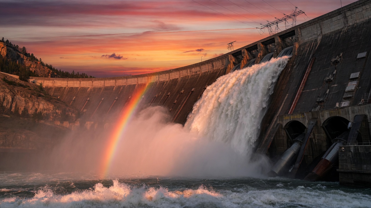 A dam releasing water at sunset