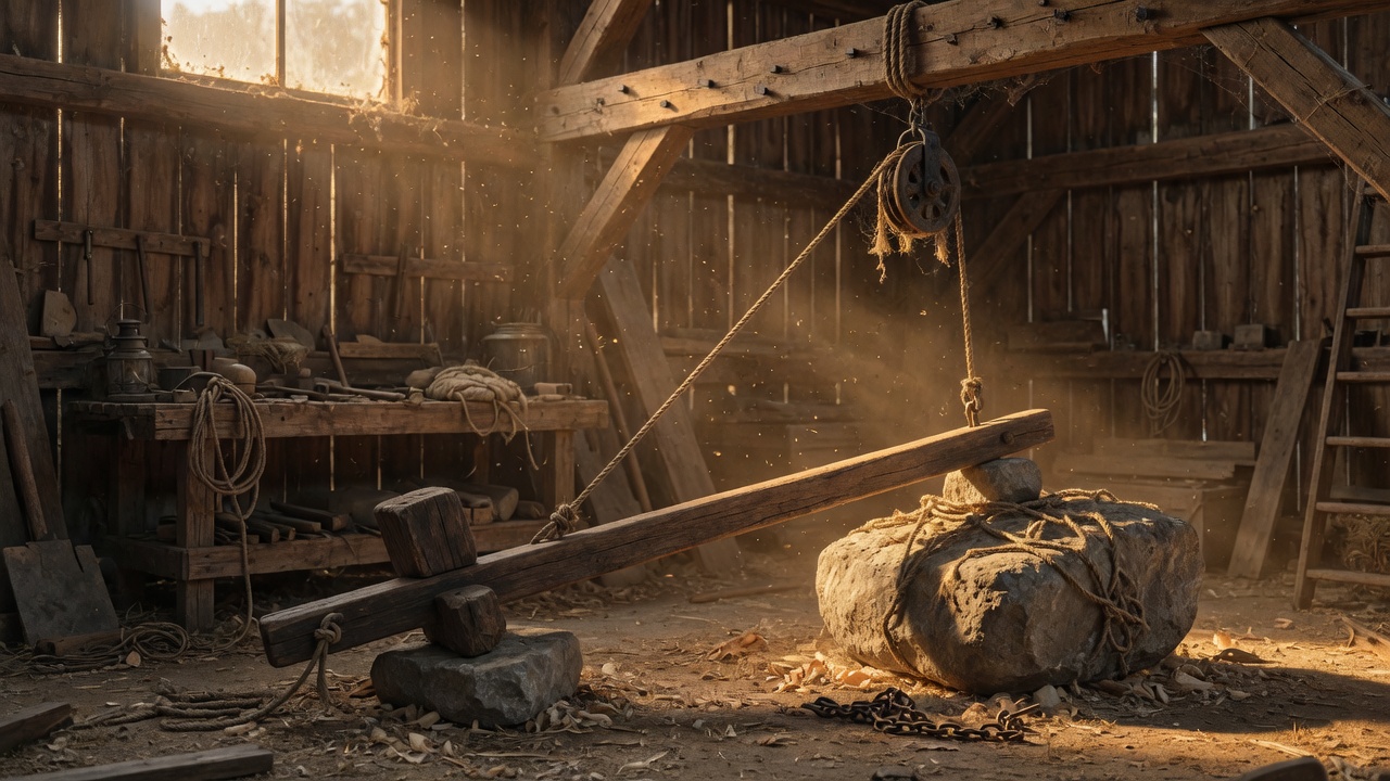 A wooden lever lifting a heavy stone