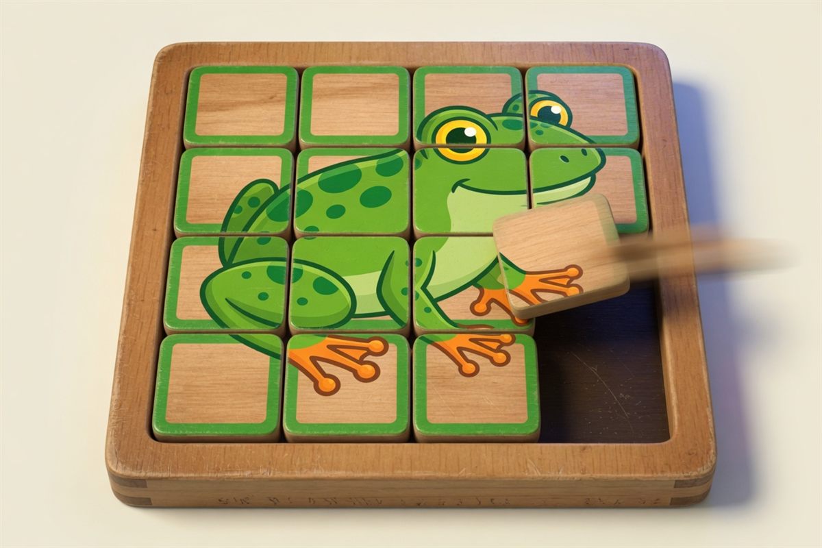 A sliding puzzle of a frog with one tile moving