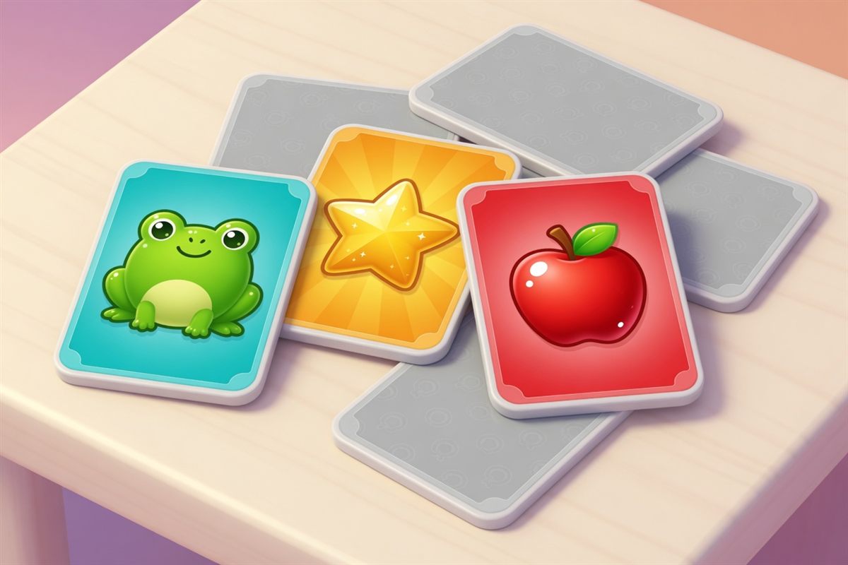 Memory cards showing a frog, a star, and an apple