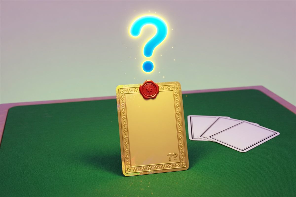 A sealed card under a glowing question mark