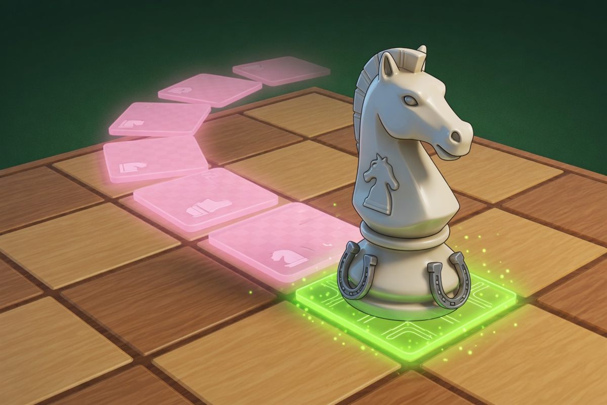 A chess knight on a glowing green square
