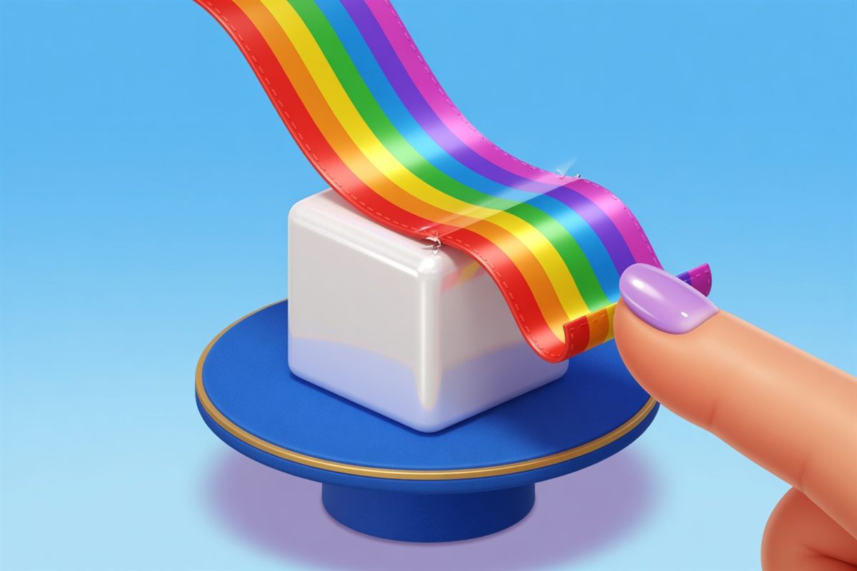 A rainbow ribbon peeling off a white cube