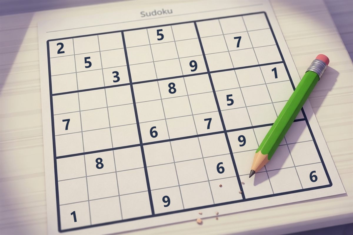 A sudoku grid with some numbers filled in, and a green pencil